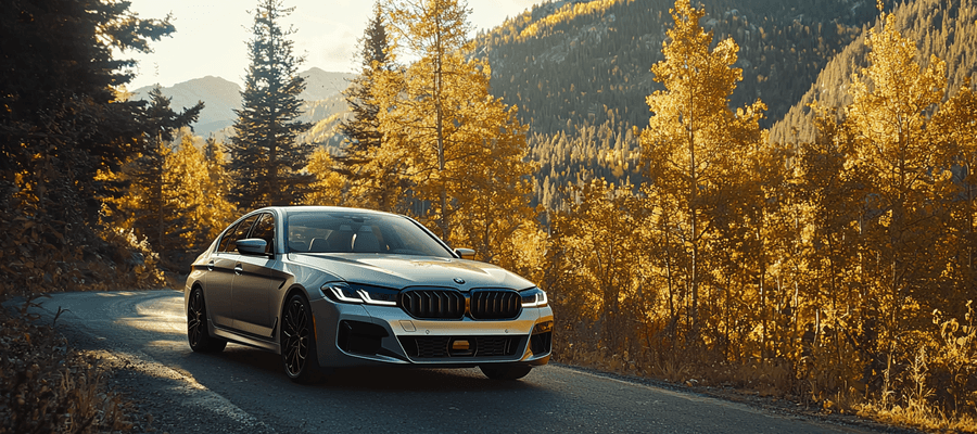 BMW parked with a scenic mountain background